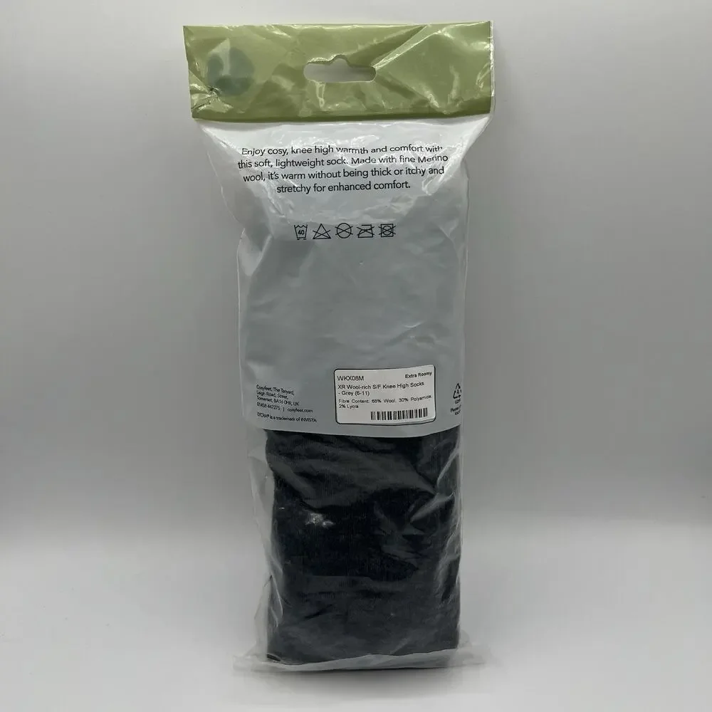 Cosyfeet Wool-Rich Knee High Socks Grey Extra Roomy Size M 6-11 2 Pairs Merino
